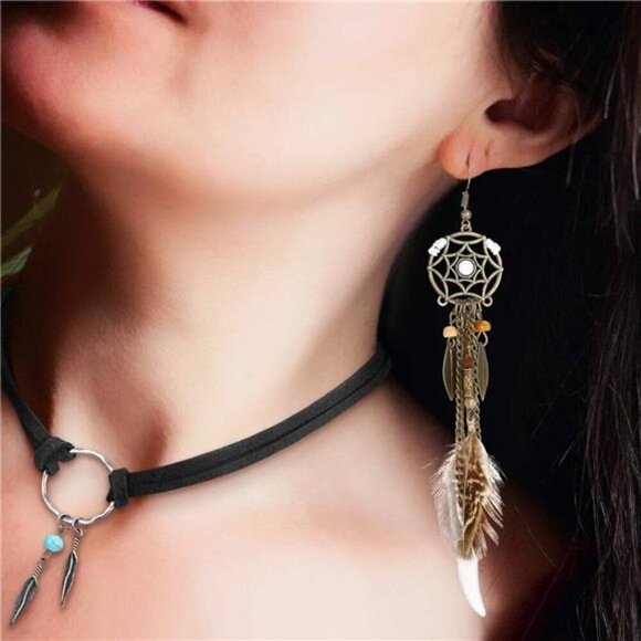 2 Sets Dream Catcher Bohemian Jewelry Sets for Women with Feathers and Suede - Picture 6 of 8